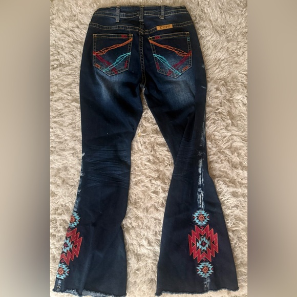 Cowgirl Tuff Dark Wash Flare Jeans with Turquoise & Red Embroidery - Picture 3 of 5